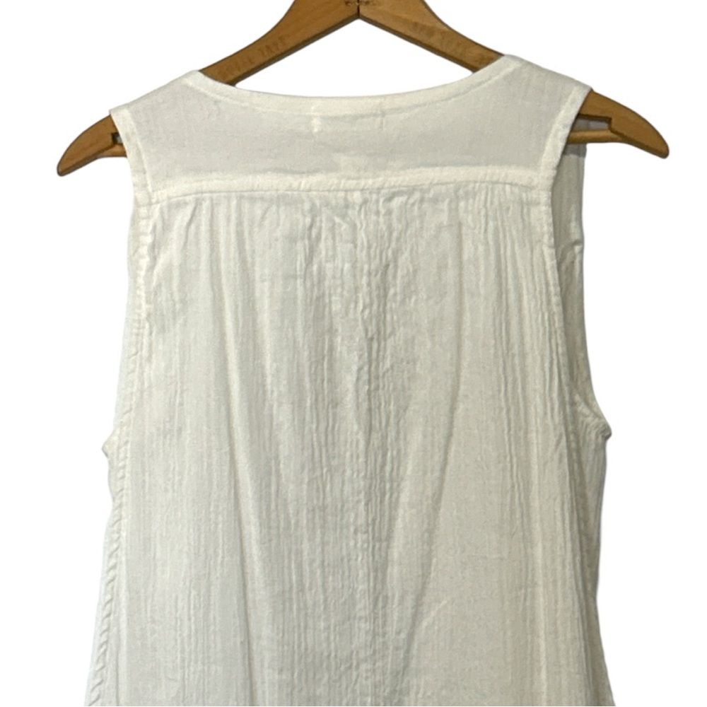 Ethnic Lagenlook White Gauze Linen Full Zip Sleeveless Midi Dress with Pockets M - Picture 8 of 11